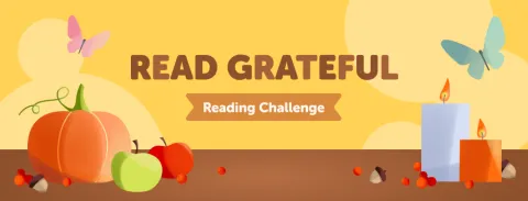 Read Grateful banner with gourds and candles sitting on a brown table. There is a yellow background with a bird flying in the corner.