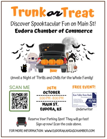 Tunk or Treat on a white background, October 26th from 5pm-8pm on Main Street in Eudora, KS.