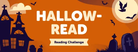 Hallow-Read 2024 banner with orange background, black haunted house silhouette, moon, clouds, and a flying bat.