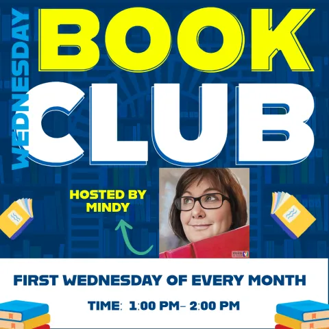 Image with title Wednesday Book Club, image of presenter, and first Wednesday of every month from 1-2 pm.