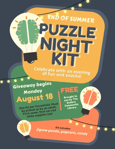 Flyer with title "End of Summer Puzzle Night Kit", description of event, date and cost of event, and what they will get with the kit.