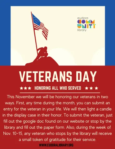 Picture of veteran planting American flag over text describing the events in honor of Veterans.